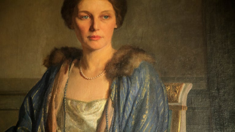 Lady Berwick wearing the Fortuny cloak, Attingham Park